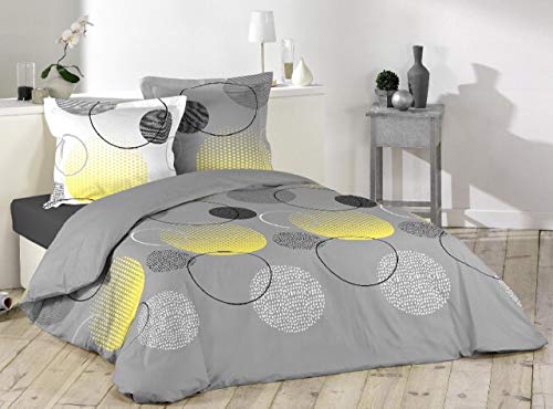 LORETO – A QUALITY LINEN BRAND 100% Cotton Bedsheet for Double Bed, 1 Double Bedsheet with 2 Pillow Covers | 144 TC Queen Size Double Bedsheet Cotton, Geometric (Grey & Yellow)