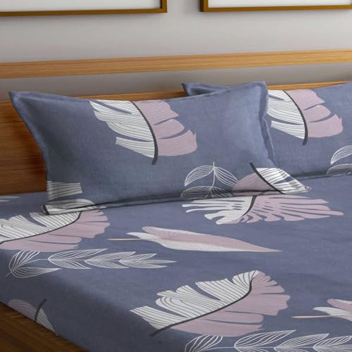 YaAkholic 100% Supersoft Microfiber Glace Cotton Feel Elastic Fitted Single Bed Bedsheet with 1 King Size Pillow Cover (Single Bed 48 x72) (Purple Leaf)