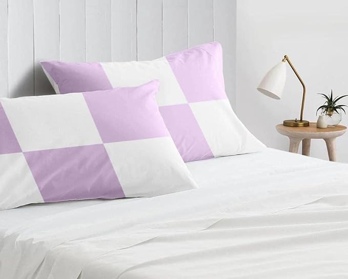 EASY BEDDING 100% Egypation Cotton 3 PC Bed Sheet (1 Fitted Sheet Sheet & 2 Pillow Cover) Fully Elasticated, Crisp Cool Breathable, Soft Fabric Double Size 8 Inch Deep Pocket White/Lavender