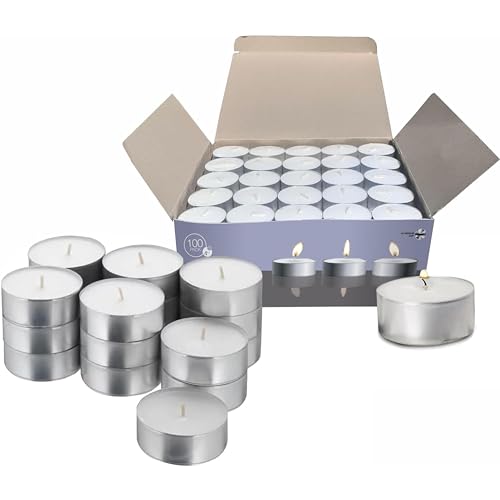 100 Pack Tealight Candles in Metal Cups - Clean, White Unscented Tealight Candles with 4.5 Hour Long Burning Time - Votive Candles Bulk for Romantic Dinner, Weddings, Spa & Hotels by PARNOO