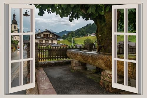 JVERF - JZZA22268 Germany Roads Houses Church Ramsau Bavaria| Self-Adhesive Open Window Wall Sticker