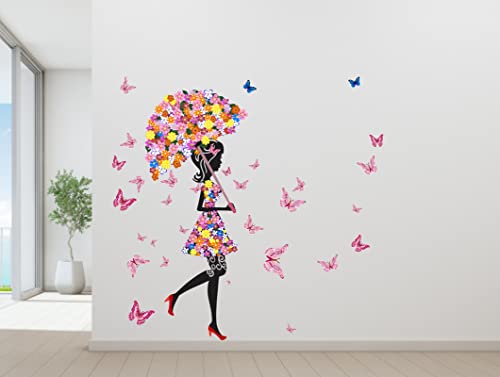 K2A Design Floral Umbrella Girl and Beautifull Butterflies Wall Sticker Multicolor PVC Vinyl 96x99 Cm