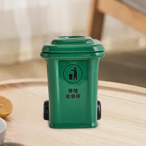 Mini Trash Can Shape Ash Holder Ceramic Portable for Living Room Office Desk Green