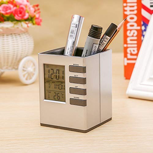 TGB Pen Holder LED Digital LCD Alarm Clock with Calendar Thermometer Desk Supplies Organisers (Grey) (Pack of 1)