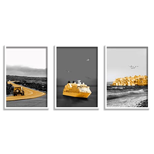 SAF paintings Set of 3 Boat And Jeep Modern Art Premium White Frame Painting For Wall Decoration, Bedroom, Paintings For living Room 31.5 inch x 13.5 inch,WHITEMX33594