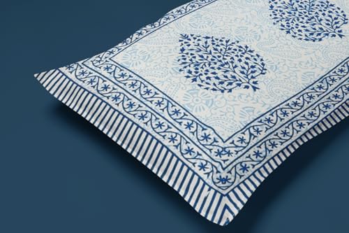 Silvatt 100% Jaipuri Cotton King Size Bedsheet for Double Bed, 1 Cotton Bed Sheet Double Bed (90 X 108 Inches) with 2 Pillow Covers | Bedsheet Double Bed Cotton Ethnic Blue Taditional Leaf Pattern