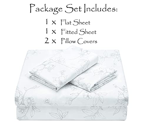 Chanasya 4-Piece Printed Queen Sheet Set - Ultra Soft Hand Drawn Sketch Floral Print 1 Flat Sheet, 1 Fitted Sheet ,2 Pillowcases - Wrinkle Fade Stain Resistant - Brushed Microfiber - White - Queen