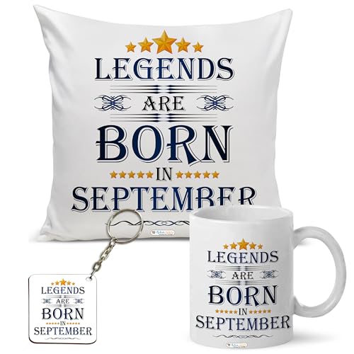 Legends are Born in September Happy Birthday Gift Combo Set (1 Printed 12” x 12” Satin Cushion with Filler, 1 Coffee Mug (September, ATCMK)