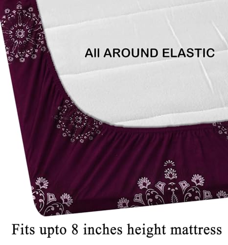 CRAFTS HUB Cotton Feel Glace Cotton All Around Elastic Fitted Printed King Size Double Bed Bedsheet with 2 Pillow Covers(72x78x8 Inch) Fits Upto Mattress of 8 Inches | Wine (827FITTED)