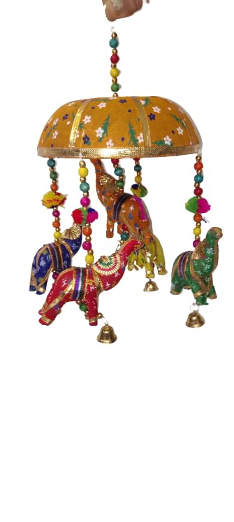 Udaan Fabric Rajasthani Traditional Windchimes|Handcrafted Latkan|Toran with 4 Decorative Hanging Elephants,Pack of 1 (RED)