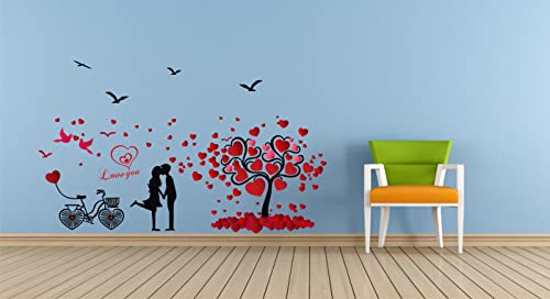 HS Décor Cute Couple loveing Hearts Tree with bycycle Birds for Home Decorative Multicolour Wall Sticker (100 Cm X 100)