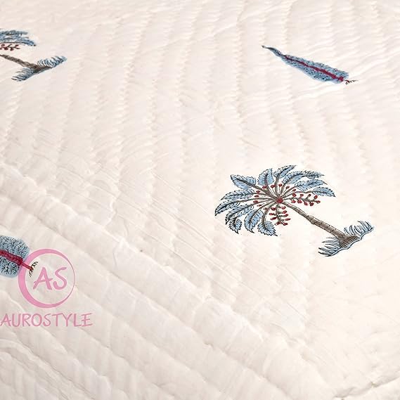 EMIOUR 400 TC Jaipuri Light Weight Pure Cotton Traditional Hand Block Big Flower Print Double Bed Quilt/Razai/Rajai (White & Grey, 90 x 108 Inches, Double Bed) Breathable