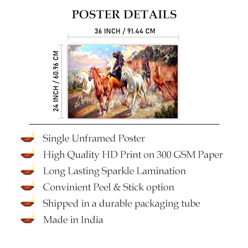 Indianara Rolled Sparkled Vastu Seven Running Horses Art Print for Room Décor Digital Reprint 36 inch x 24 inch (10257PST)