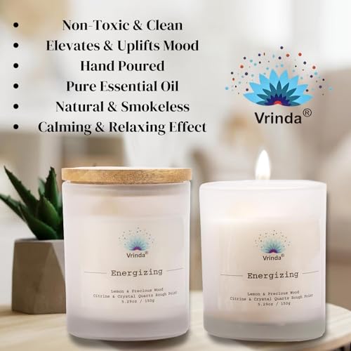 Vrinda® Energising Glass Scented Candle with Crystals, Soy Blend. Approx. 5.29Oz