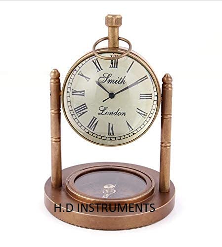 Home Decor Instrument Brass Table Clock with Navigation Compass Antique Table Clock