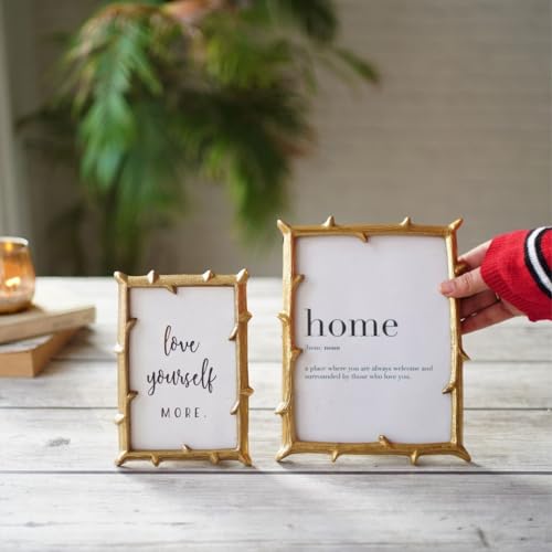 BEHOMA Golden Elegant Metal Twig Designer Photo Frame - Perfect for Home Decor, Table Decor, Gifting Purpose (4x6 Inches) (Small) & (6x8 Inches) (Large) Set of 2