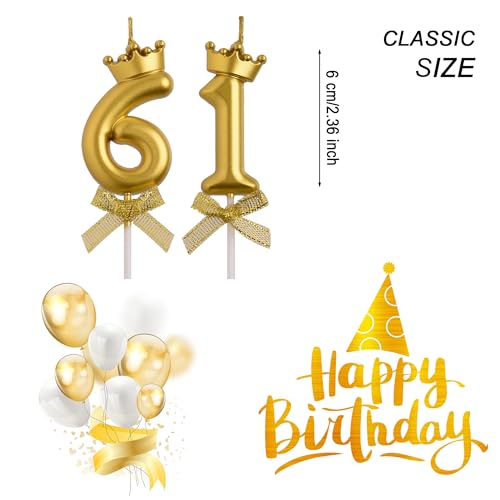 AOOLADA 61st Birthday Candles, Gold 61 Year Old Number Birthday Candles, Happy Birthday Cake Topper Gifts Party Decorations for Men Women