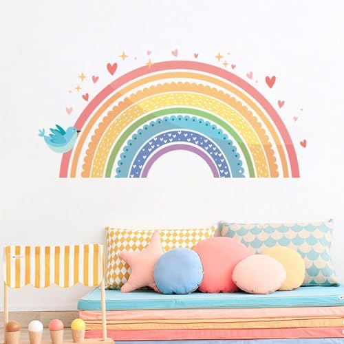 HEUREKA Colorful Rainbow Stickers Heart Stars Blue Birds Cartoon Peel and Stick Self Adhesive Wall Sticker (30 CM X 60 CM)