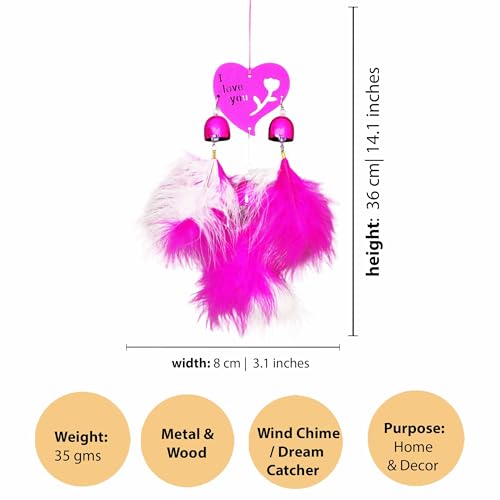 Spillbox Wall Hanging for Home Décor|Dream Catcher I Love You Heart-Shaped Wind Chime with Bells and Feathers Hanging|Amulet for Car, Home and Office[Wind Chime] (Hot Pink)