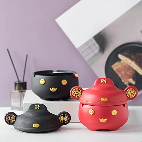 MYADDICTION Chinese God of Wealth Ashtray with Lid Feng Shui for Home Indoor Gift Red