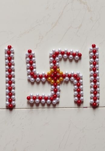 Decorative Pearl Beaded Rangoli Set with Laxmi Paule and Swastik Design, Red, White and Golden