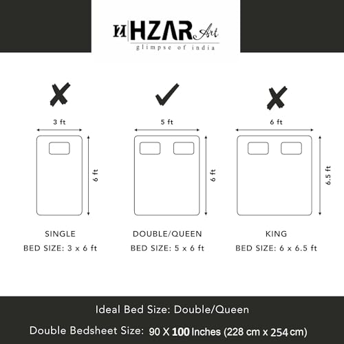 HZAR ART Queen Size Premium 100% Cotton Bedsheet for Double Bed with 2 Pillow Covers | 240 TC Flat Sheet | Jaipuri Print Double BedSheet Cotton(Buti Print,90 X 100 Inches) SSBS108