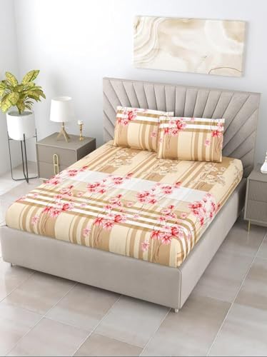 Bombay Dyeing Satin Silk 220 TC 100% Cotton with Super Soft Satin Feel King Bedsheet with 2 Pillow Cover (Beige)