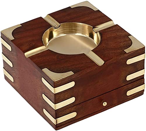 WOODSPIRATION-Large Decorative Wooden Ashtray with Cigarette Storage Case Box 4.5" x 2.5