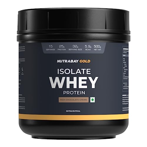 Nutrabay Gold 100% Whey Protein Isolate with Digestive Enzymes - 25g Protein, 5.8g BCAA, 4.3g Glutamic Acid - 500g, Rich Chocolate Crème