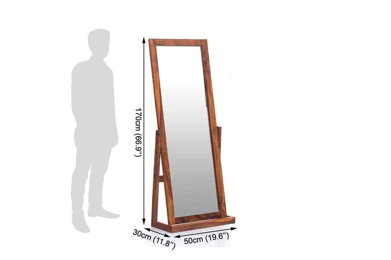 BALAJI FURNITURE 5.5 Feet Full Length Floor Cheval Mirror with Rotating Stand, Wooden Space Saving Tall Dressing Big Display Mirror for home, Solid Wood, Honey Finish, Rectangular, framed