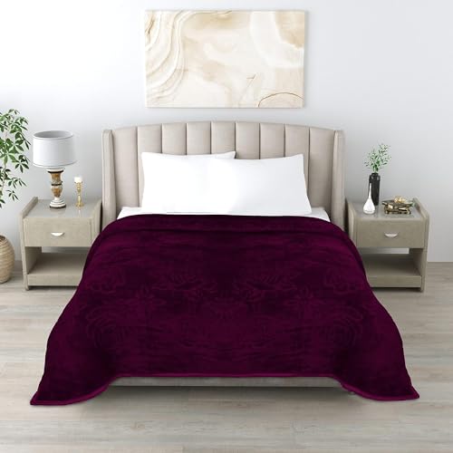 COMFORT PLANET 500 TC Polyester Micro-Mink Warm Ultra Super Soft Floral Mink Solid/Mink Double Bed Blanket (Wine, Double Bed - 90x90 Inch)