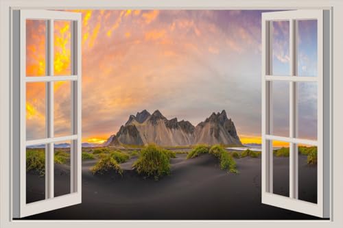 JVERF - JZZA22667 Iceland Mountains Scenery Sunrises and Sunsets| Self-Adhesive Open Window Wall Sticker