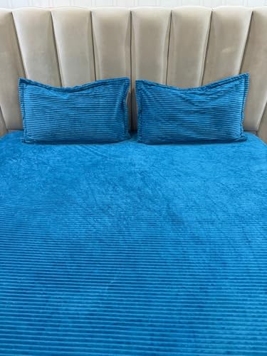 Byloom Premium Velvet Solid Woollen Fitted Bedsheet for Double Bed, 254 x 265 cm, with 2 Pillow Covers, 46 x 68 cm, Blue (Blue)