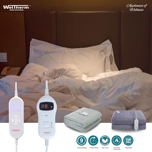 WelTherm Flannel Fleece Electric Bed Warmer | Electric Under Blanket | Single Bed |Stamp welding(160cms x 80cms) | 9 Heat Settings | 10 Hour Timer| Digital LED Controller| Multizone Heat Modes| UB-FFS