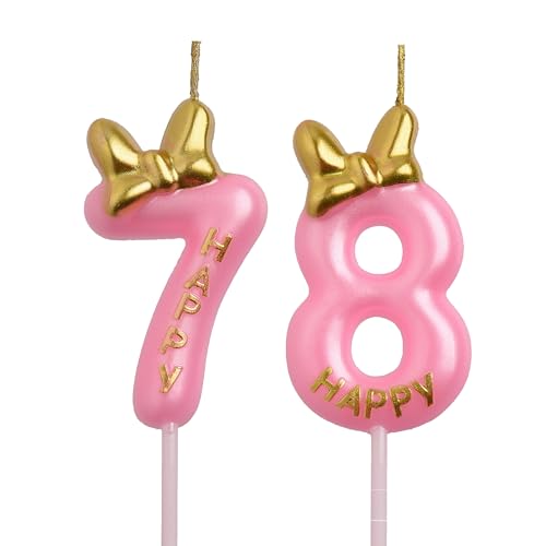 AOOLADA 78th 87th Birthday Candles, Pink 87 78 Year Old Cake Topper Cute Number Birthday Candles, Birthday Party Decorations Gifts for Girls Women