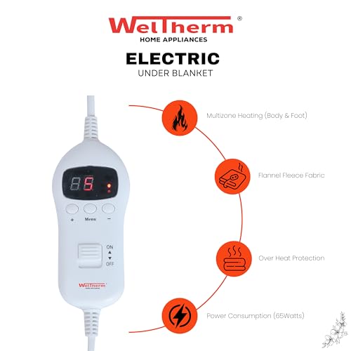 WelTherm Flannel Fleece Electric Bed Warmer | Electric Under Blanket | Single Bed |Stamp welding(160cms x 80cms) | 9 Heat Settings | 10 Hour Timer| Digital LED Controller| Multizone Heat Modes| UB-FFS