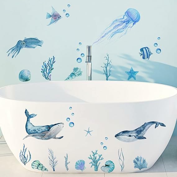 GADGETS WRAP Sea Animal Wall Stickers for Bathroom Shower Room Decoration Wall Decor Stickers Whale Seaweed Jellyfish Bubble Wall Decals Bathtub Stickers