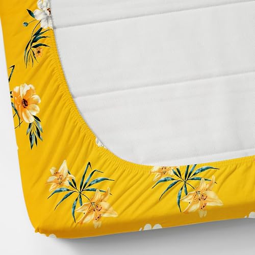 Prince Handloom 200 TC Polycotton Feel Premium Printed Supersoft Elastic Fitted 1 Single Bed Bedsheet with 1 Pillow Covers Size 48 x 72 x 8 inch, Yellow-Floral