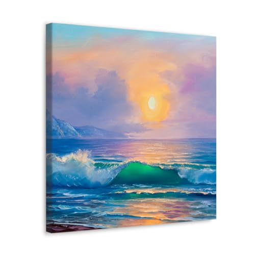 GADGETS WRAP Canvas Gallery Wrap Framed for Home Office Studio Living Room Decoration (17x17inch) - Sea Sunset Scenery Oil Painting