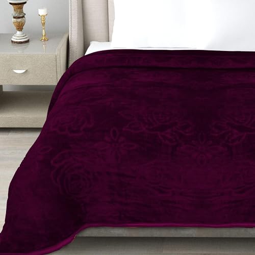 COMFORT PLANET 500 TC Polyester Micro-Mink Warm Ultra Super Soft Floral Mink Solid/Mink Double Bed Blanket (Wine, Double Bed - 90x90 Inch)