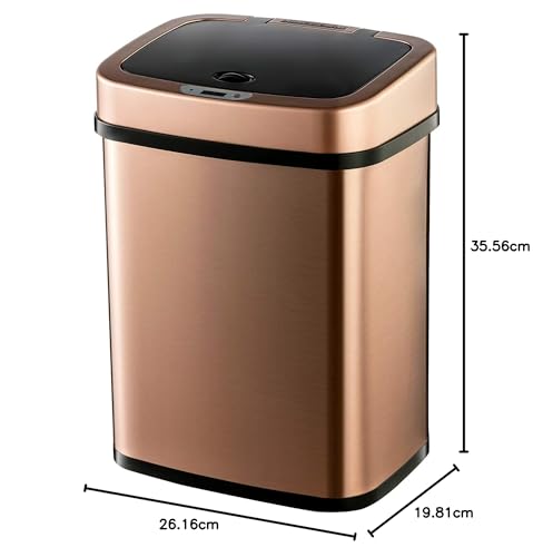 Ninestars Bedroom or Bathroom Automatic Touchless Infrared Motion Sensor Trash Can, 3 Gal 12L, Stainless Steel Base (Rectangular, Rose Gold/Black Lid)