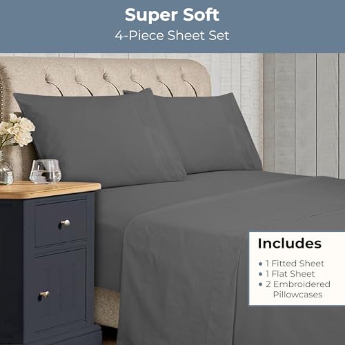 Royale Linens - 4 Piece Queen Bed Sheet - Soft Brushed Microfiber 1800 Bedding Set - 1 Fitted Sheet, 1 Flat Sheet, 2 Pillow case - Wrinkle & Fade Resistant Luxury Queen Size Sheet Set (Queen, Grey)