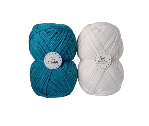 AMAGH® Premium Acro Woollen Hand Knitting Yarn, Art Craft Soft Fingering Crochet Hook Yarn, Acrylic Thread for Crochet, 3 ply Thin Yarn, Each 1 Piece in 2 Colour : Teal, Off White