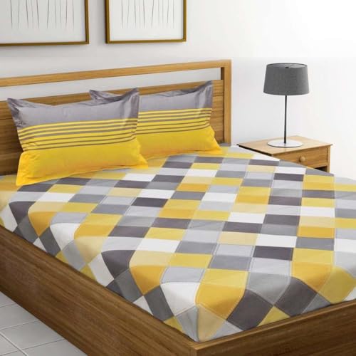 140Tc Pure Cotton Double BedSheet with Two Pillow Covers | 90 X 100 Inches |EXL-108|(Yellow)