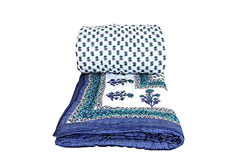 SVT Traditional Famous Jaipuri Beautiful Floral Print in Multi Blue mughal Print Jaipuri Rajai/Razai/Quilt King Size/King Size Bed Quilt/Comforter/AC Quilt/AC Comforter