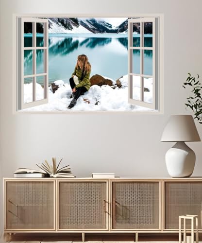 JVERF - JZZA29045 Stones Winter Lake Coast Snow Sitting| Self-Adhesive Open Window Wall Sticker