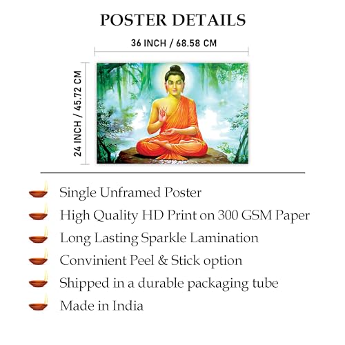 Indianara Rolled Sparkled Lord Buddha Art Print for Room Décor Digital Reprint 36 inch x 24 inch Painting (10653PST)