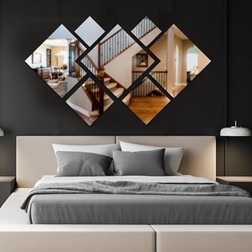 SPARKSBAE Silver Mirror Self Adhersive Acrylic Sticker Featuring Geometric Diamond and Square Decal for Living Room, Bed Room, Hall, Kitchen, Foyer Wall Decor DIY (Silver | 42x23cm | 7 Pieces)