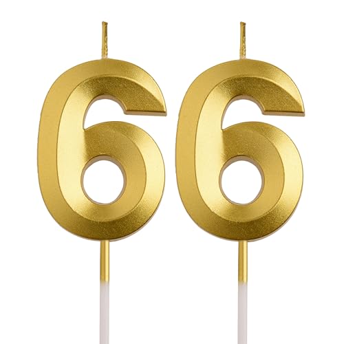 AOOLADA 66th Birthday Candles, Gold 66 Year Old Number Birthday Candles, Happy Birthday Party Decorations Cake Topper Gifts for Men Women