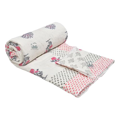 SIBLEY Hand Block Print Quilts Pure Cotton Lightweight Reversible (Double Bed, Pink Floral)